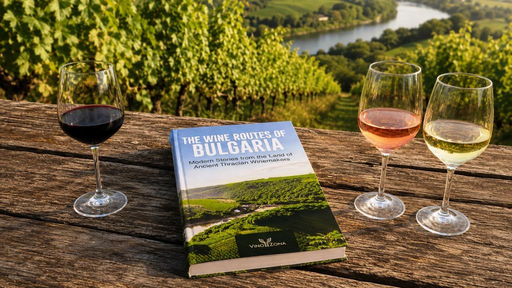 Is Bulgarian Wine Actually Good? Quality, Recognition and the Wine Routes of Bulgaria | Bulwine.com Bulgarian wine diversity, quality and recognition illustrated by The Wine Routes of Bulgaria book with red, rosé and white wine glasses overlooking a Bulgarian vineyard